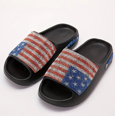 Rhinestone American Flag Thick Sole Slippers